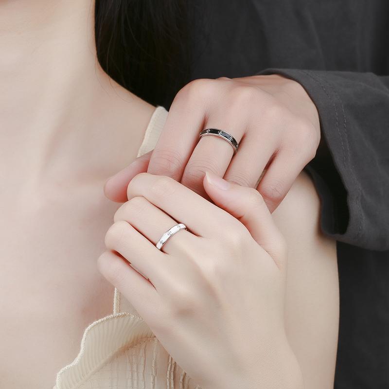 S925 Sterling Silver Simple Couple Rings Black and White Matte Rhombus Design-484(45%)