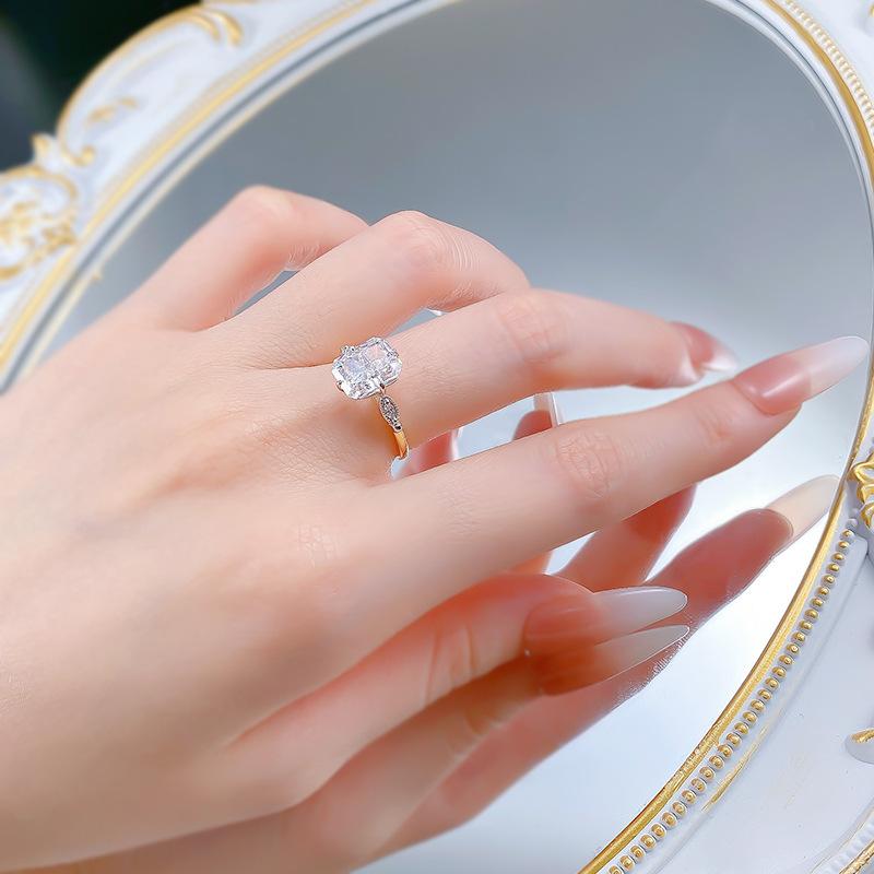 S925 Sterling Silver Ice Flower Cut Three stones Square 7*9mm 8A Cubic Zirconia Ring-122(45%)