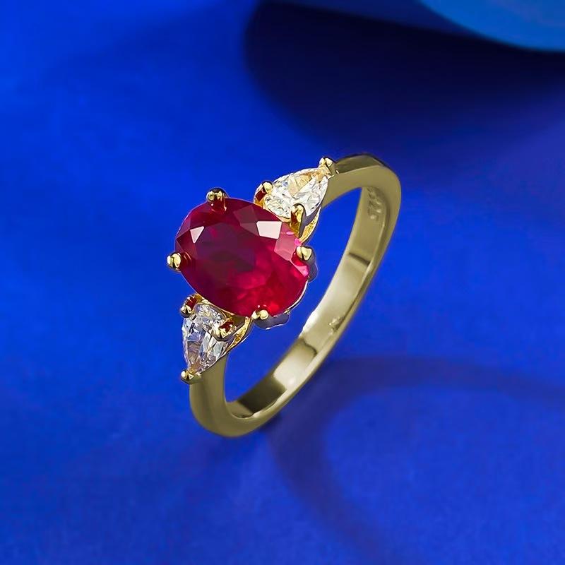 S925 Sterling Silver Oval Cut Ring Red/Blue 6*8mm 6A Cubic Zirconia Ring fashion jewelry accessory woman girl promise ring-271(35%)