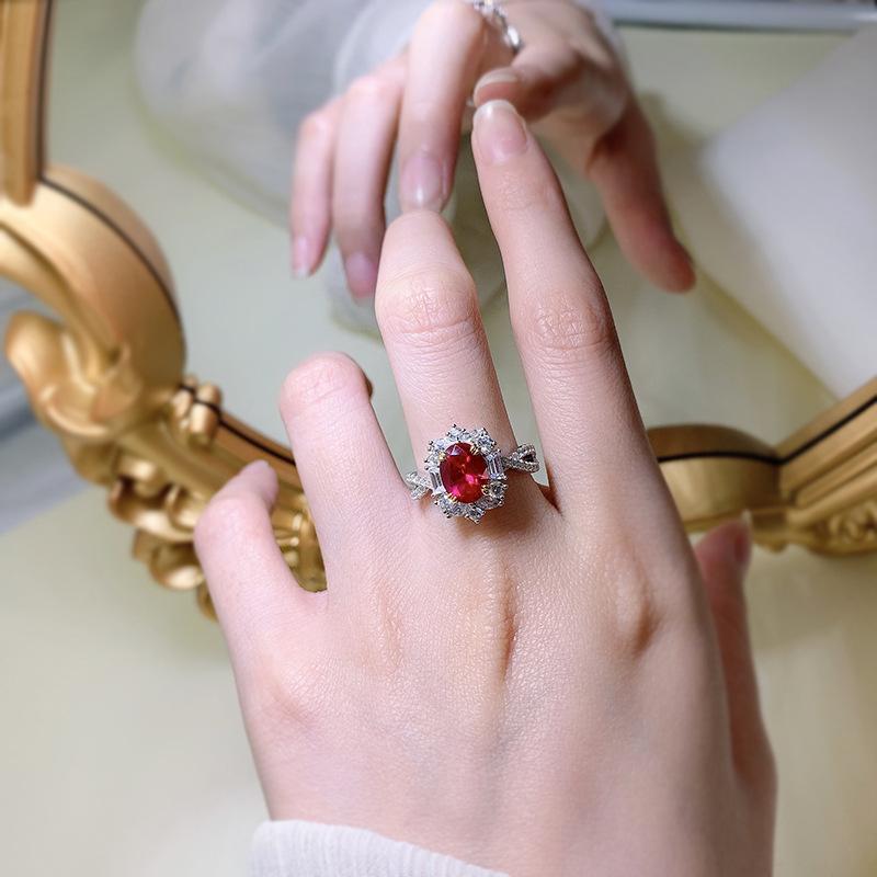 S925 Sterling Silver Red Oval Pigeon Egg 7*9 mm 6A Cubic Zirconia Ring-133(45%)