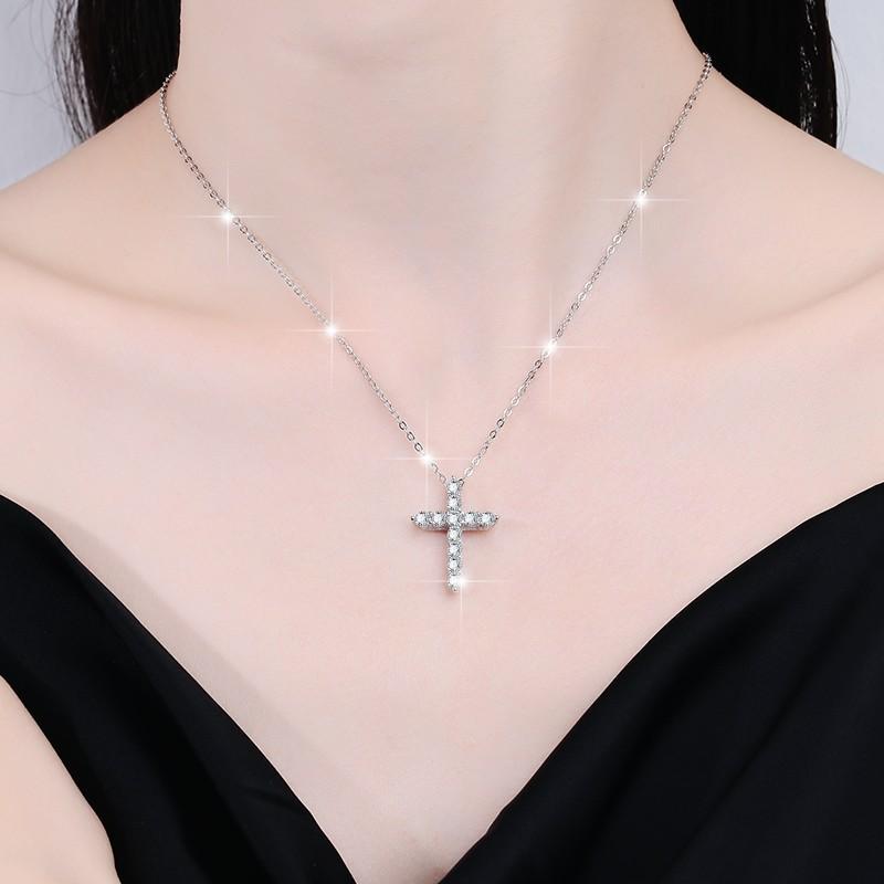 S925 Sterling Silver Synthetic Moissanite Small Cross Pendant birthday gift silver jewelry minimalist necklace pendant necklace-317(35%)