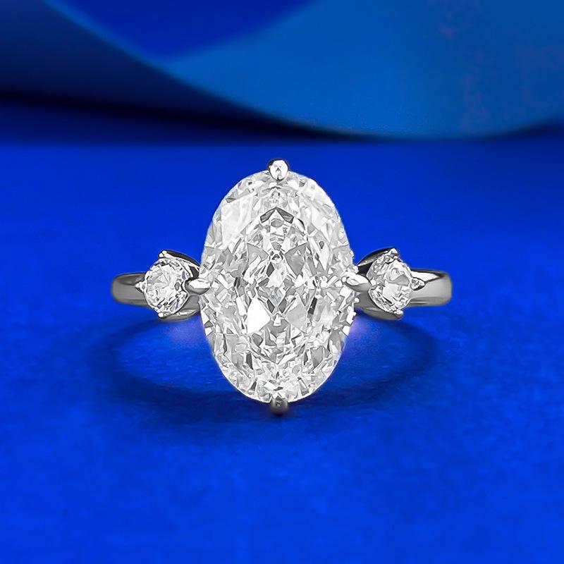S925 Sterling Silver Ice Flower Cut Oval Three-stones Ring 8*12mm 8A Cubic Zirconia Ring-371(35%)
