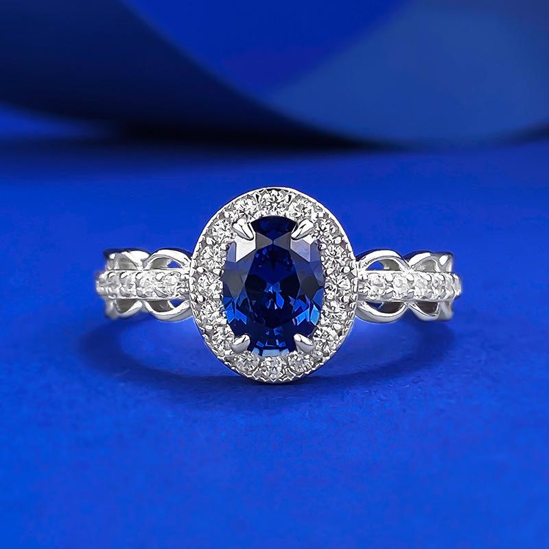 S925 Sterling Silver Blue Cushion Cut Oval Ring 5*7mm 6A Cubic Zirconia Ring-337(35%)