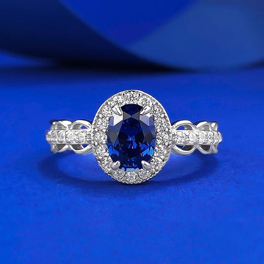 S925 Sterling Silver Blue Cushion Cut Oval Ring 5*7mm 6A Cubic Zirconia Ring-337(35%)