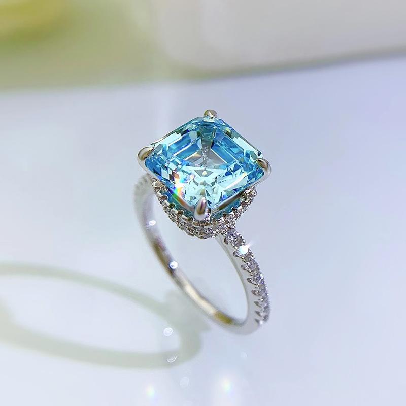 S925 Sterling Silver Blue Asscher Square Cut High Carbon Four Claws Ring 9*9mm 6A Cubic Zirconia Ring-459(25%)