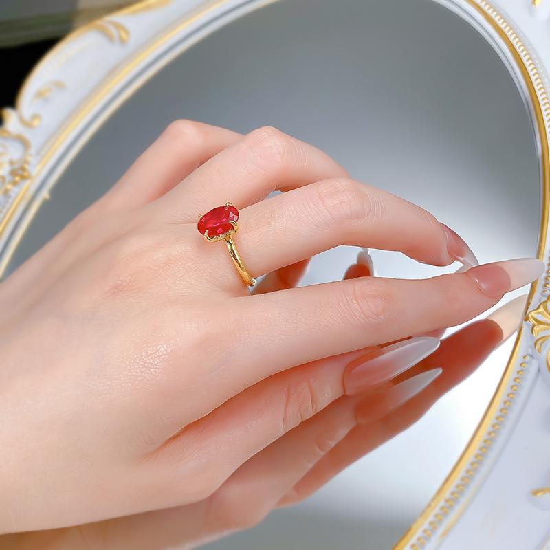 S925 sterling silver red oval cut golden plated ring 7*10mm 6A cubic zirconia ring -102(35%)