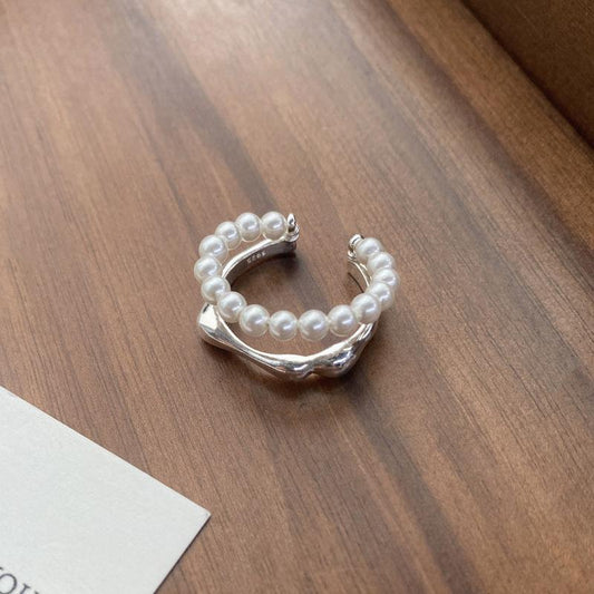 S925 Sterling Silver Double-Layer Pearl Ring for Women Switchable Index Finger Ring-512(45%)