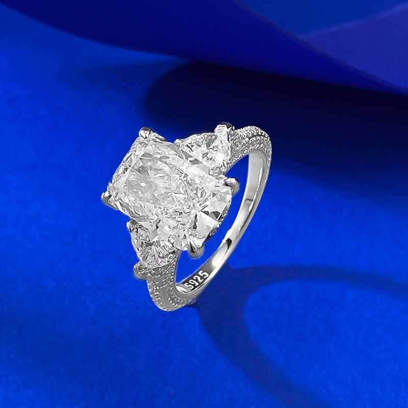 S925 Sterling Silver Ice Flower Cut Rectangular Three Stones Ring 8*11mm 5carat 8A Cubic Zirconia Ring-450(25%)