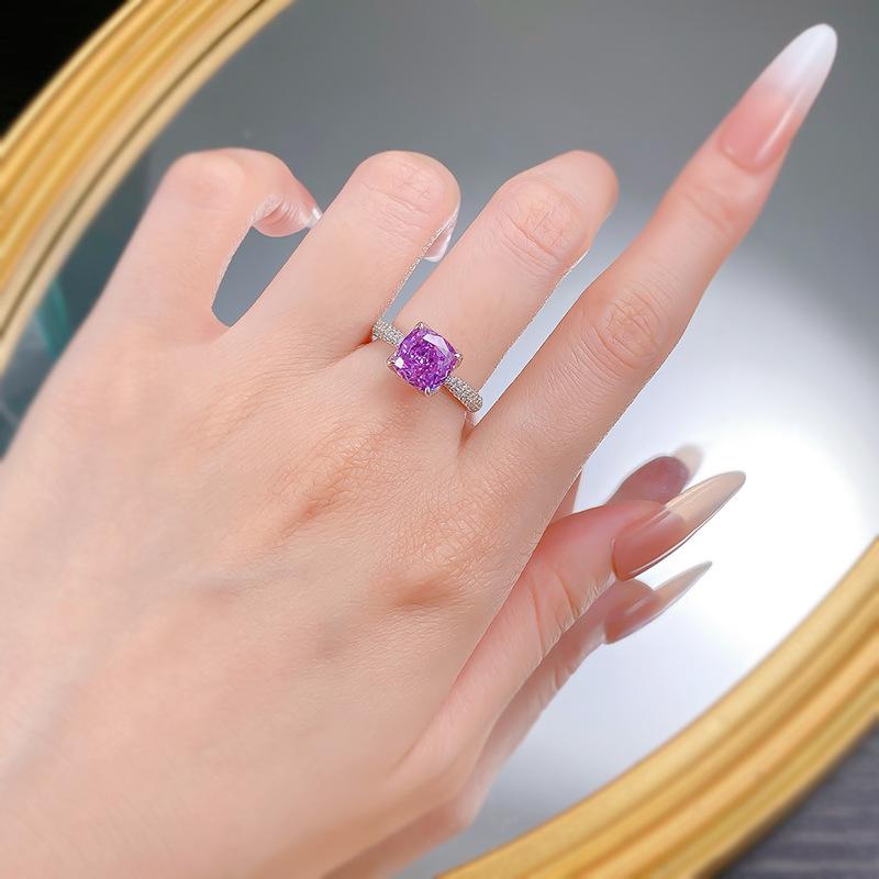 S925 Sterling Silver Purple Square Four-claws Ring 8*8mm 6A Cubic Zirconia Ring-419(25%)