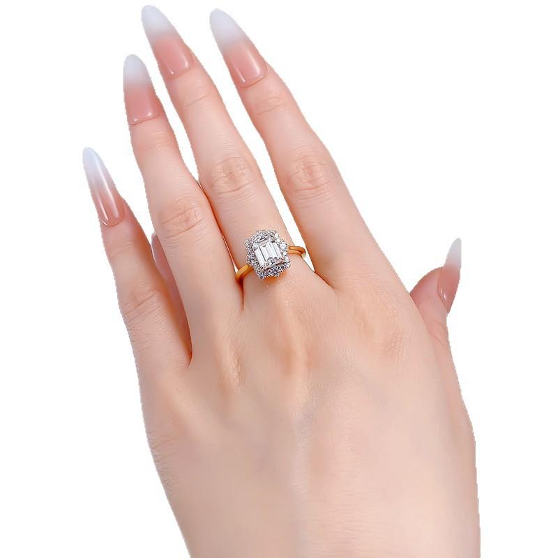 S925 Sterling Silver Rectangular Grandma Golden plated 6*8mm 6A Cubic Zirconia Ring-112(45%)