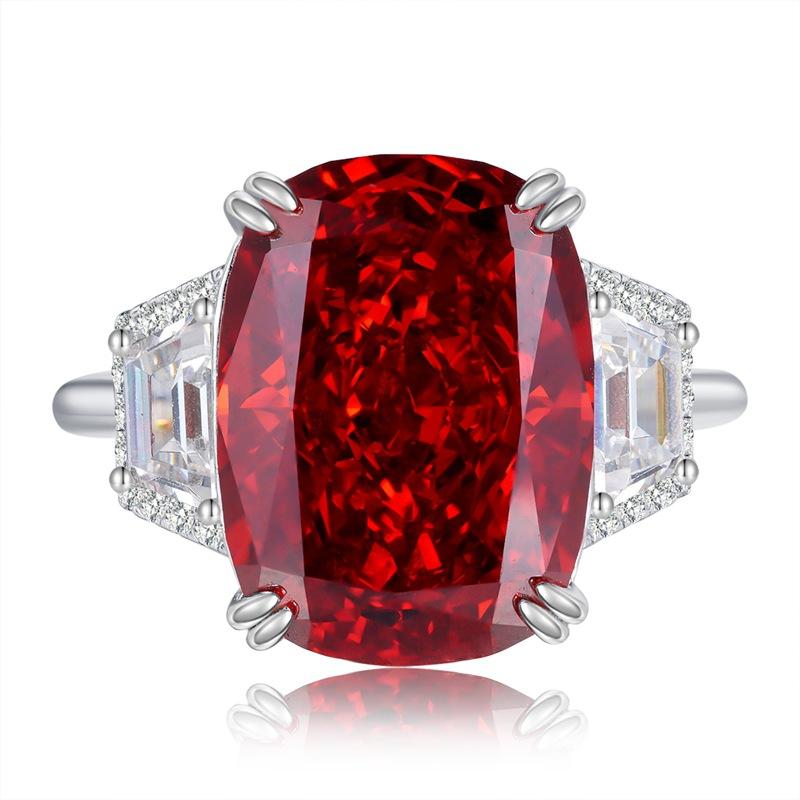 S925 Sterling Silver Red Three Stones Rectangular 11*15mm 8A Cubic Zirconia Ring-135(45%)