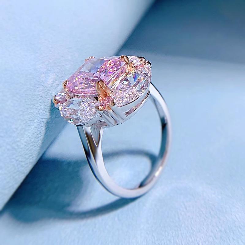 S925 Sterling Silver Pink Radiant Cut Oval Ring 8*10mm 8A Cubic Zirconia Ring-456(25%)
