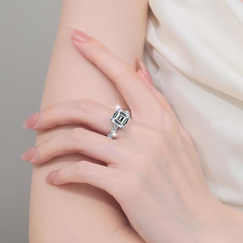6A Cubic Zirconia S925 Sterling Silver Four-claw Square Asscher Ring 5Carat-465(25%)
