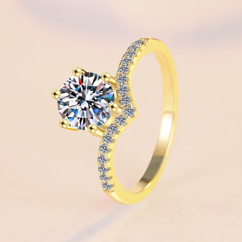 S925 Sterling Silver Six-claw Golden Ring Synthetic Moissanite Ring-186(35%)
