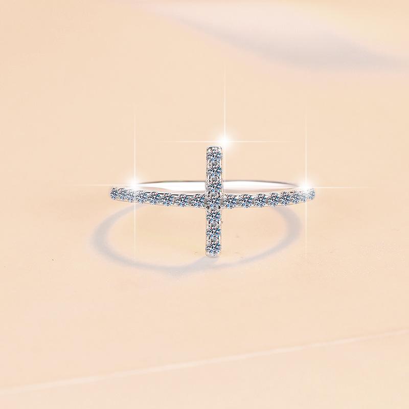 24. NO23 925 Sterling Silver Cross Ring Synthetic Moissanite Ring