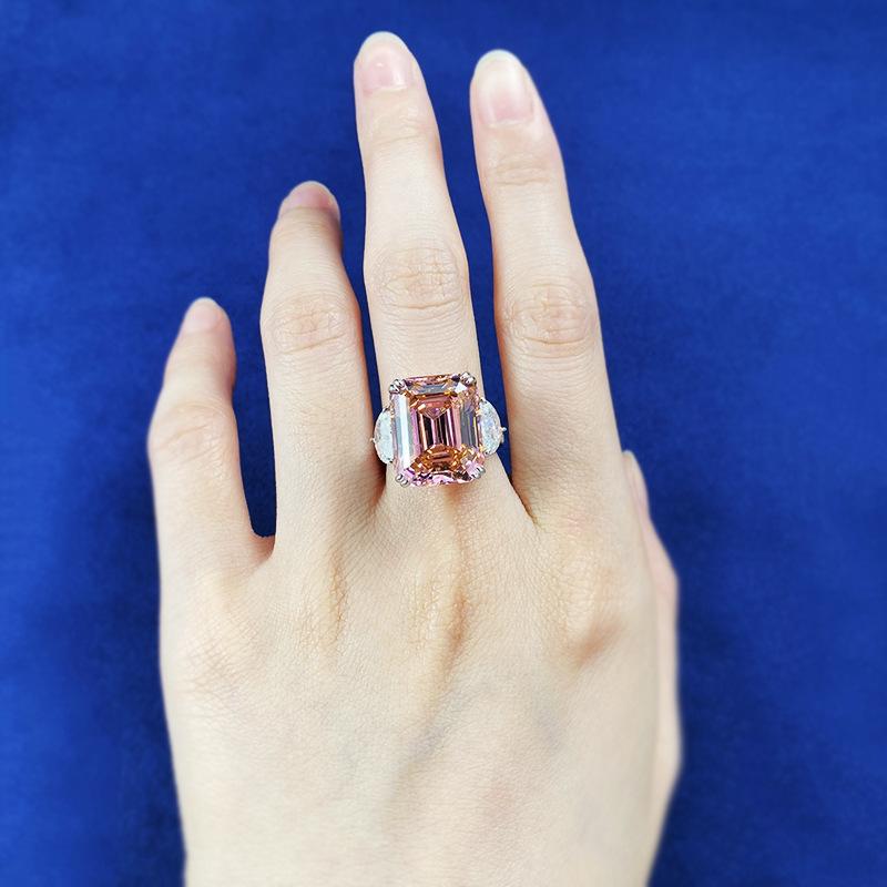 S925 Sterling Silver Orange Pink Grandma Asscher Cut Rectangular Ring 13*16mm 8A Cubic Zirconia Ring 15carats-132(45%)