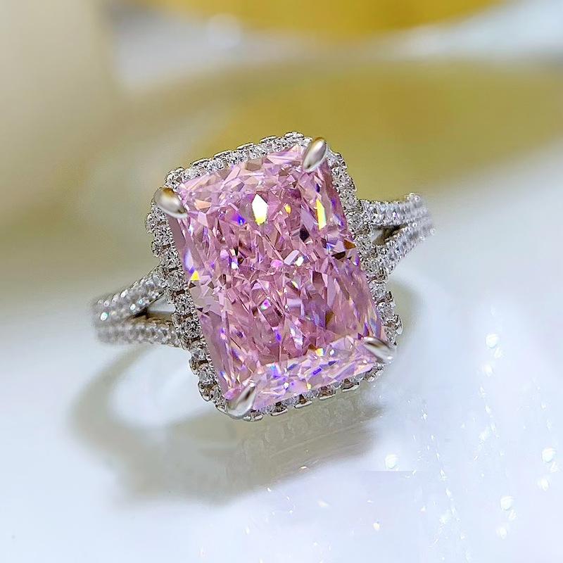 S925 Sterling Silver Ice Flower Cut Rectangular 8*11mm 8A Cubic Zirconia Ring Yellow/pink/white-139(45%)