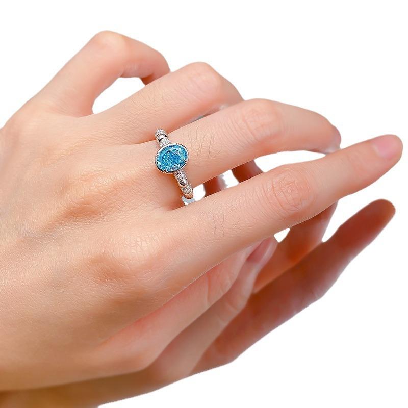 S925 Sterling Silver Light Sea Blue Round Ice Flower Cut 6*8 mm  8A Cubic Zirconia Ring-434(25%)