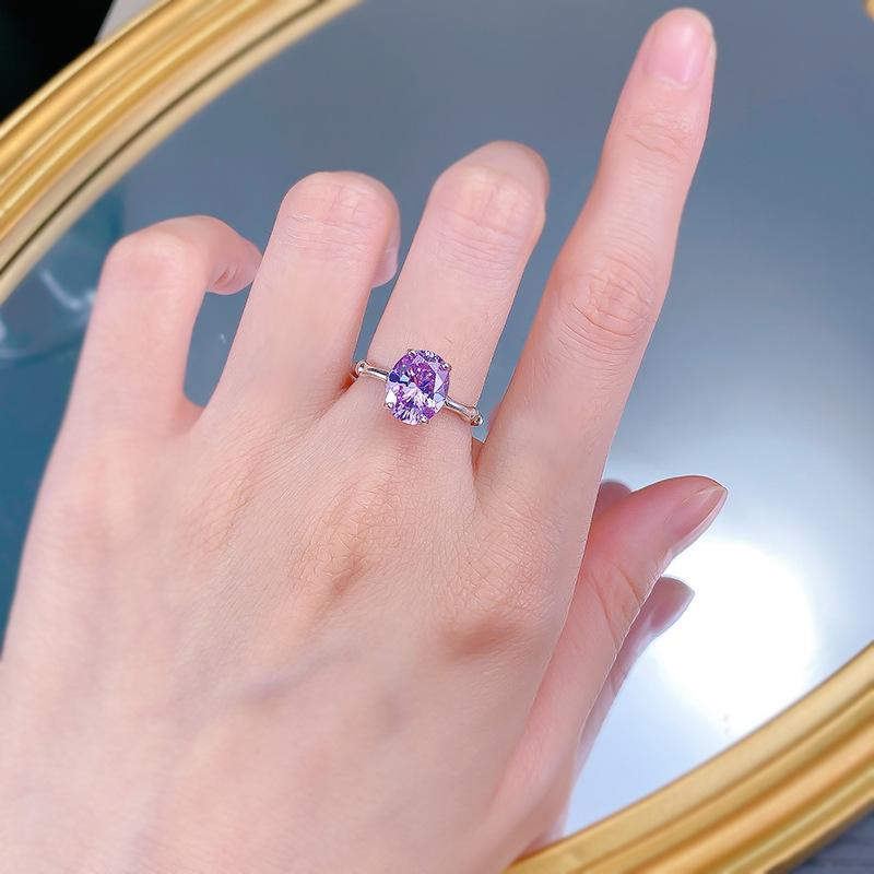 S925 Sterling Silver Purple Oval Bamboo Sections  8*10mm 6A Cubic Zirconia Ring-421(25%)