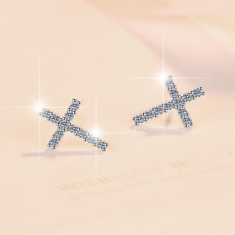 S925 Sterling Silver Cross Ear Stud Synthetic Moissanite Ear Stud Daily Life Earrings(35%)-612