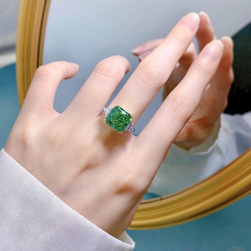 S925 Sterling Silver Green Three stones Square 10*10mm 6A Cubic Zirconia Ring-138(45%)