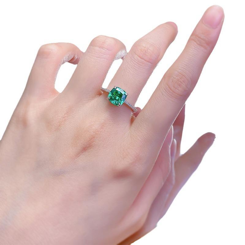 S925 Sterling Silver Green Fat Square 8*8mm 6A Cubic Zirconia Ring-141(45%)