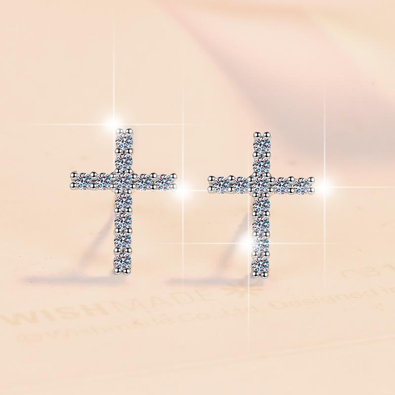 S925 Sterling Silver Cross Ear Stud Synthetic Moissanite Ear Stud Daily Life Earrings(35%)-612