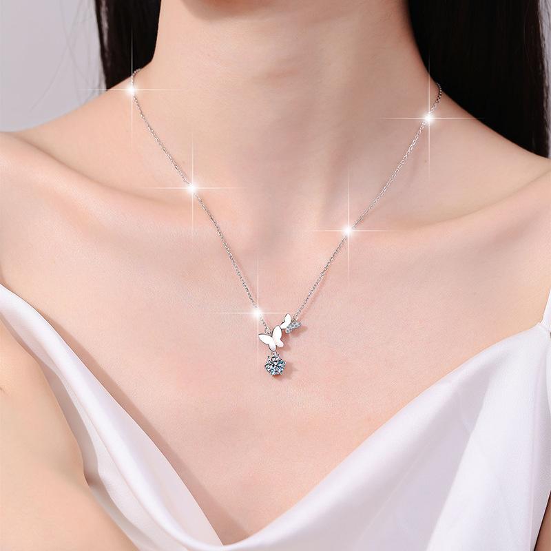 S925 Sterling Silver Butterfly Necklace Synthetic Moissanite Birthday Gift Minimalist Pendant Necklace-326(35%)