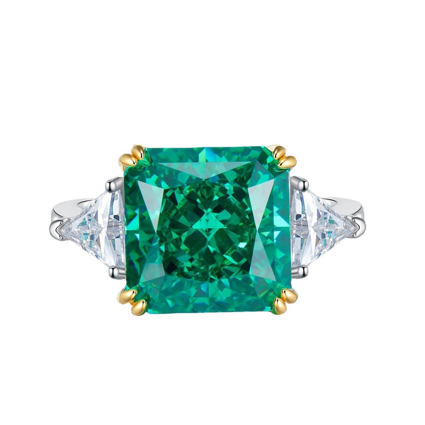S925 Sterling Silver Green Three stones Square 10*10mm 6A Cubic Zirconia Ring-138(45%)