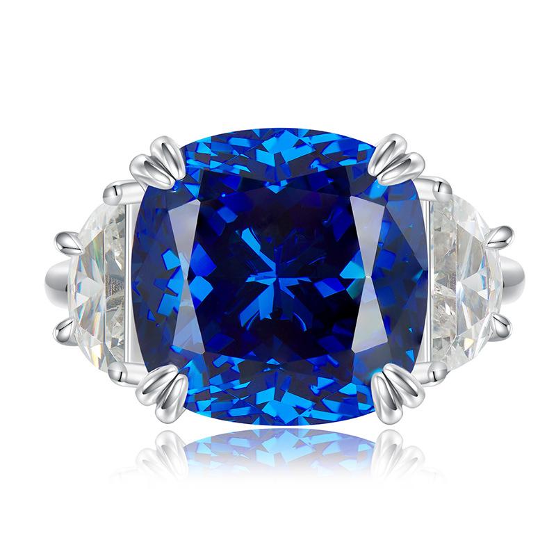 S925 Sterling Silver Blue Three Stones Square Four claws 13*13mm 8A Cubic Zirconia Ring-134(45%)
