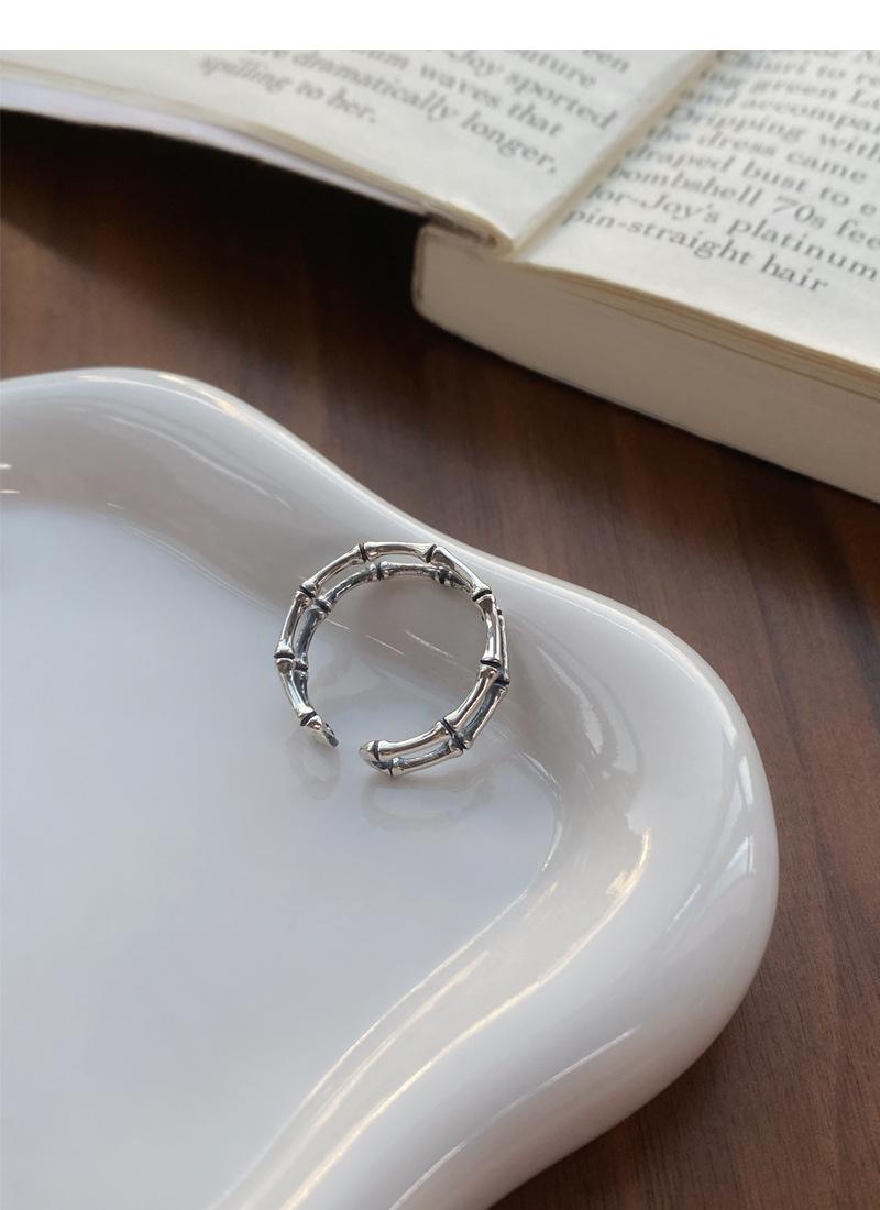 S925 Sterling Silver Vintage Distressed Double Layer Bamboo Knot Ring for Women Open Ring - 502(45%)