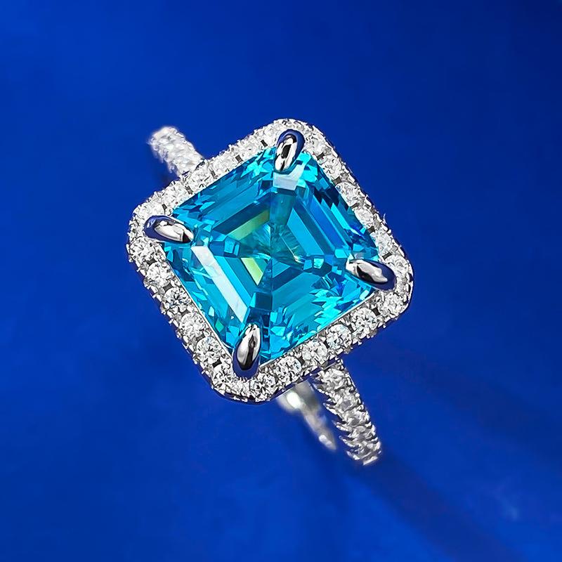 S925 Sterling Silver  Aquamarine Square Cushion 8*8mm 6A Cubic Zirconia Ring-436(25%)