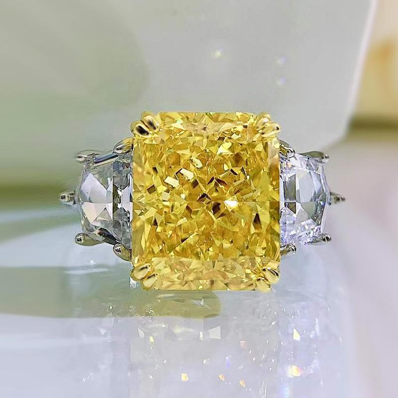 S925 Sterling Silver Yellow/Purple Radiant Cut High Carbon Three Stones Ring 10*12mm 8A Cubic Zirconia Ring-454(25%)