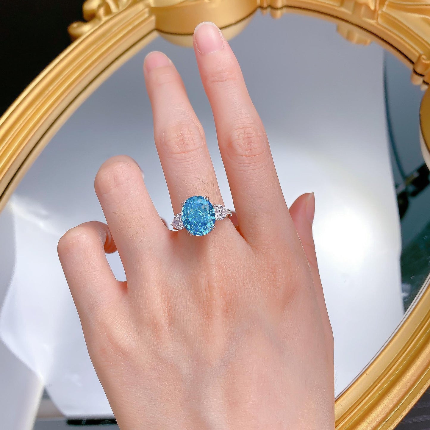 S925 Sterling Silver Aquamarine Three-stones Ice Flower Cut Oval Ring 10*12mm 8A Cubic Zirconia Ring-366(35%)