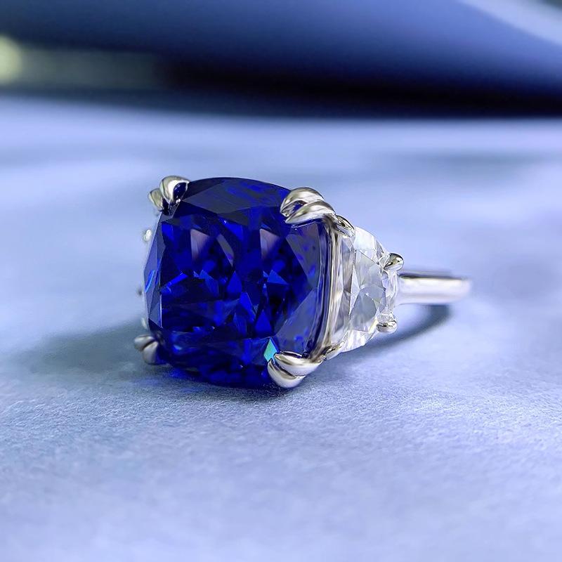 S925 Sterling Silver Blue Three Stones Square Four claws 13*13mm 8A Cubic Zirconia Ring-134(45%)