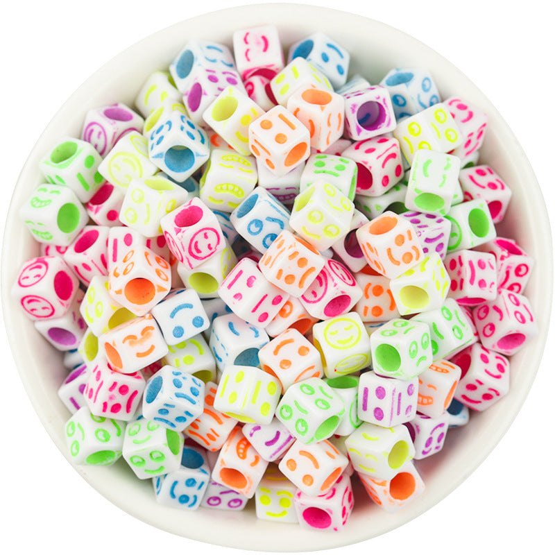 100 Pcs/Pack Acrylic Square Smiley Beads Colorful Expression Square Large Hole Beads Diy Children Bracelet Accessories