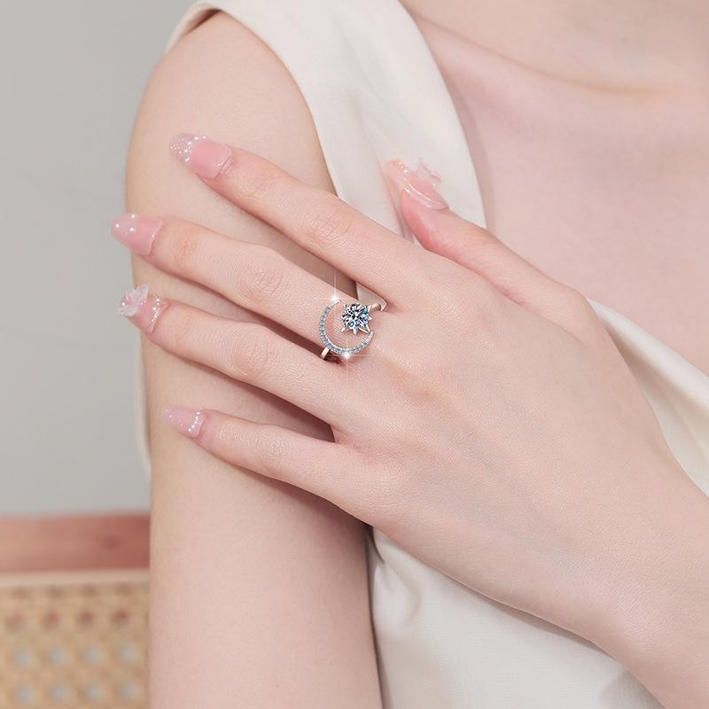 S925 Sterling Silver Starmoon Open Ring Synthetic Moissanite Ring fashion jewelry accessory woman girl promise ring-201(35%)