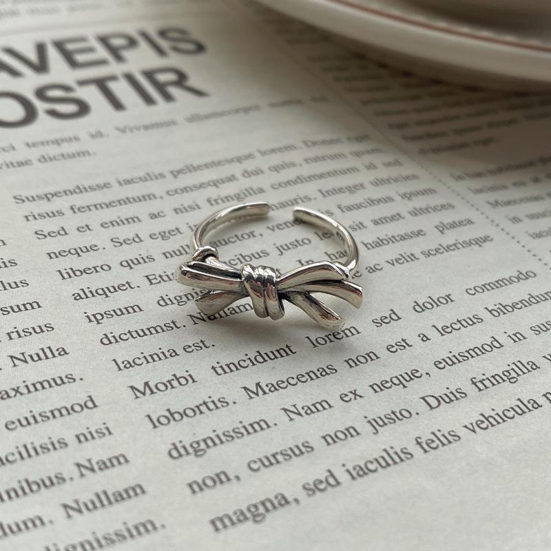 S925 Sterling Silver Vintage Distressed Bow Knot Ring for Women Open Ring -517(45%)