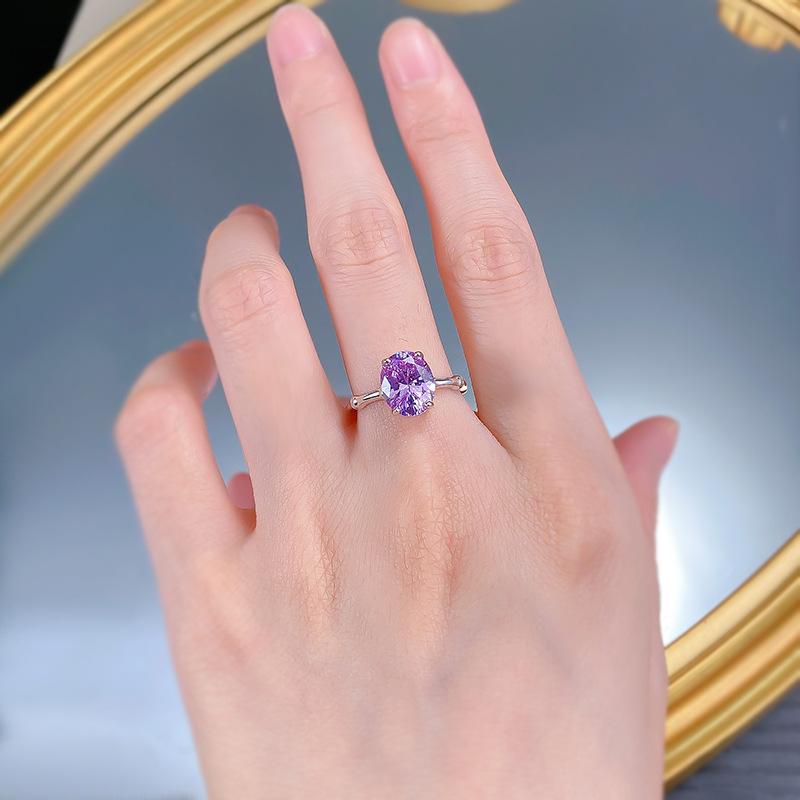 S925 Sterling Silver Purple Oval Bamboo Sections  8*10mm 6A Cubic Zirconia Ring-421(25%)