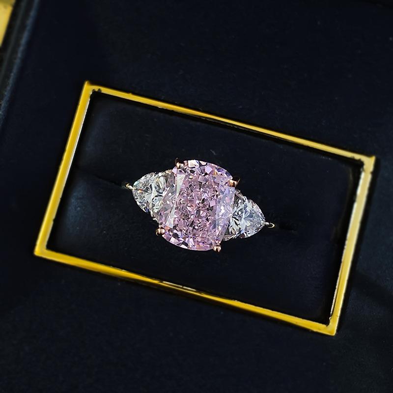 S925 Sterling Silver Pink Three Stones Square 8*10mm 6A Cubic Zirconia Ring-150(45%)