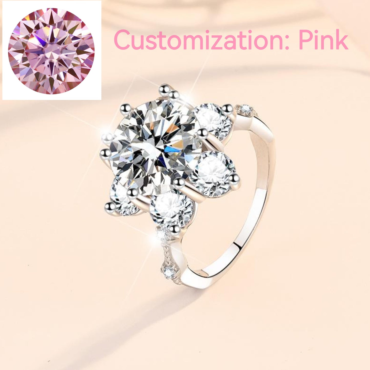 64. S925 Sterling Silver Synthetic Moissanite Ring Flower Ring