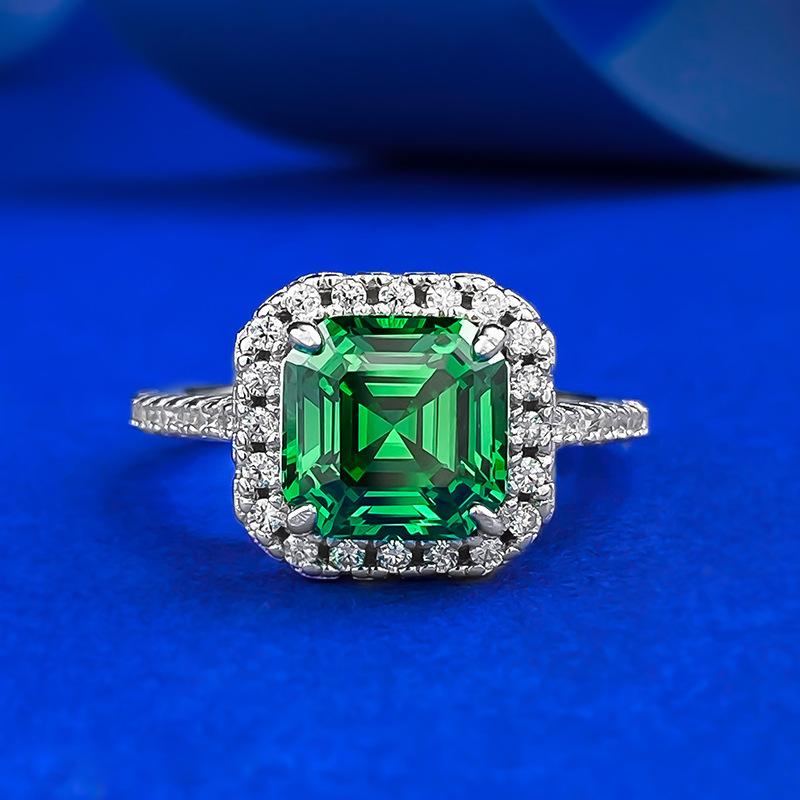 S925 Sterling Silver Green Asscher Cushion Square 8*8mm 6A Cubic Zirconia Ring-151(45%)