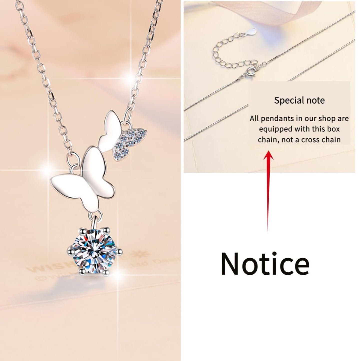 60. S925 Sterling Silver Butterfly Necklace Synthetic Moissanite Necklace