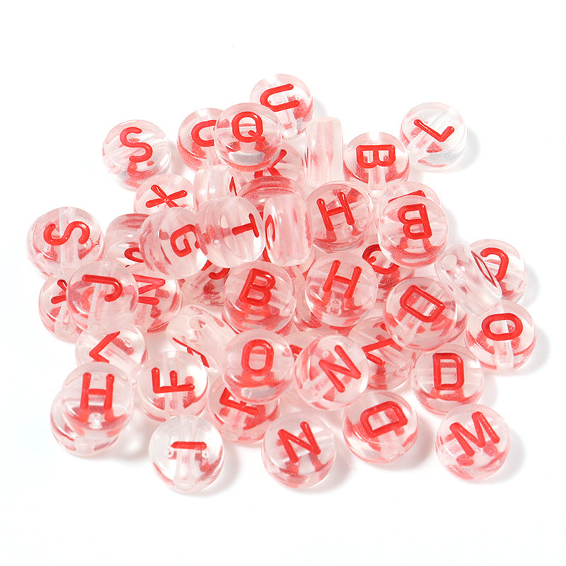 100 Pcs/Pack Acrylic Colorful English Beads Transparent Candy Color Flat round Loose Beads Diy Hand Beaded Material