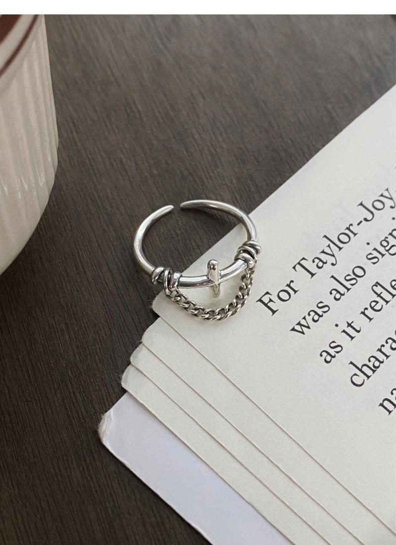S925 Sterling Silver Vintage Chain Cross Silver Ring for Women - 505(45%)