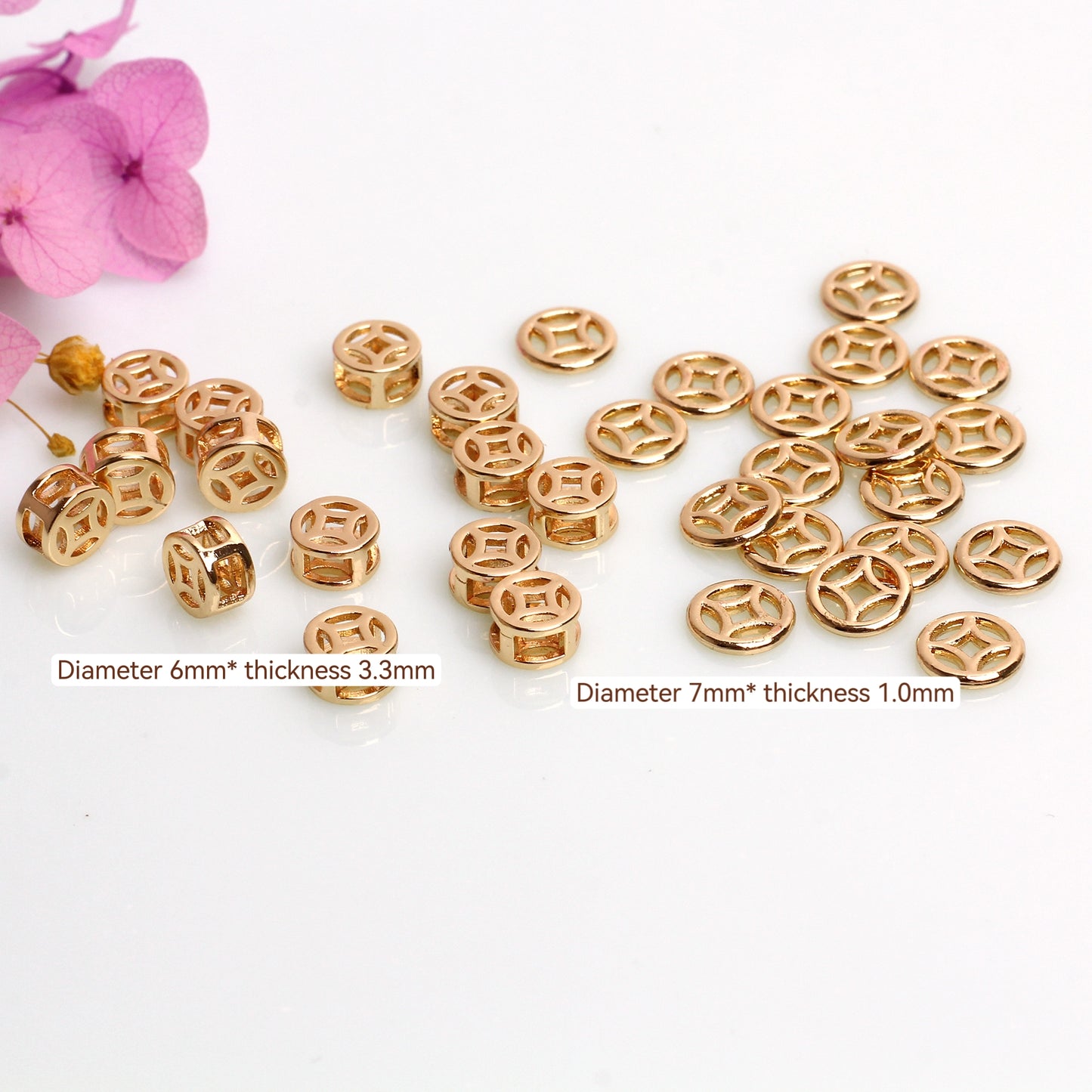 Hollow Copper Beads In The Shape Of Coins  For Jewelry DIY，Covered by 14/18K Real Gold Or Silver