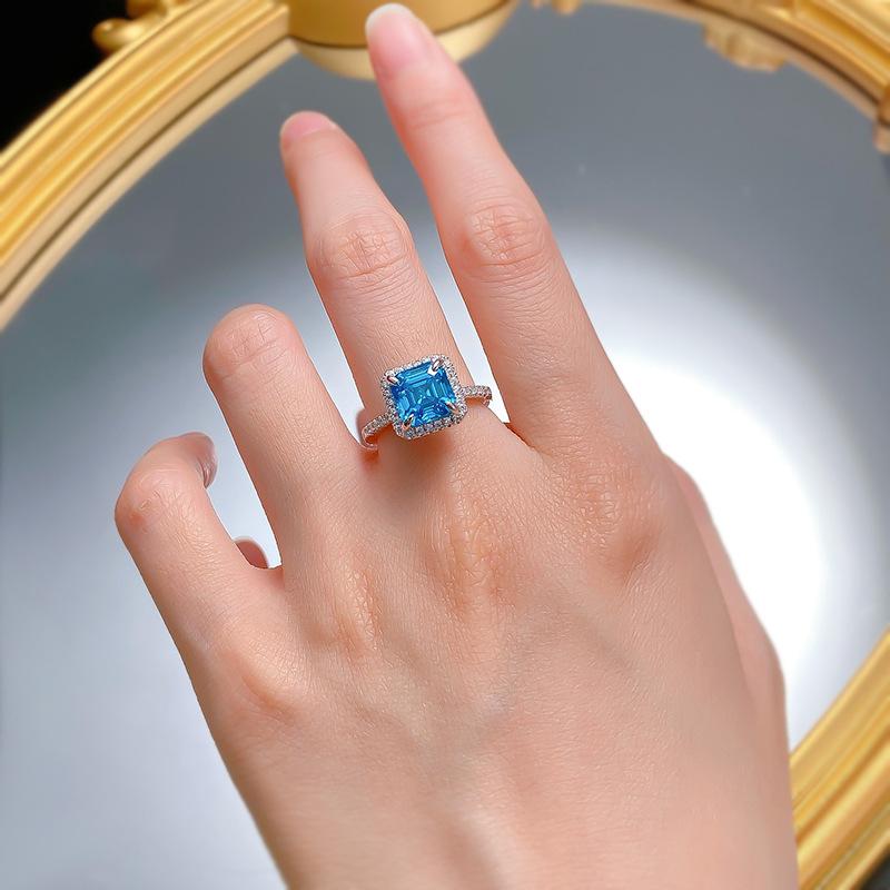 S925 Sterling Silver  Aquamarine Square Cushion 8*8mm 6A Cubic Zirconia Ring-436(25%)