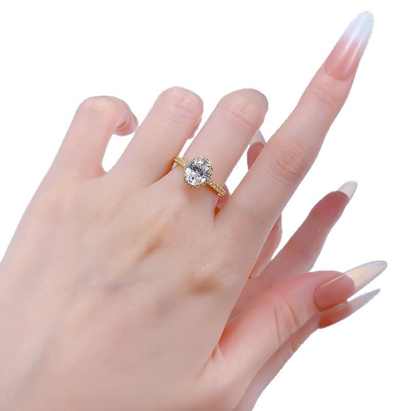 S925 Sterling Silver Oval Pigeon Eggs Golden Plated 7*9mm 6A Cubic Zirconia Ring-126(45%)