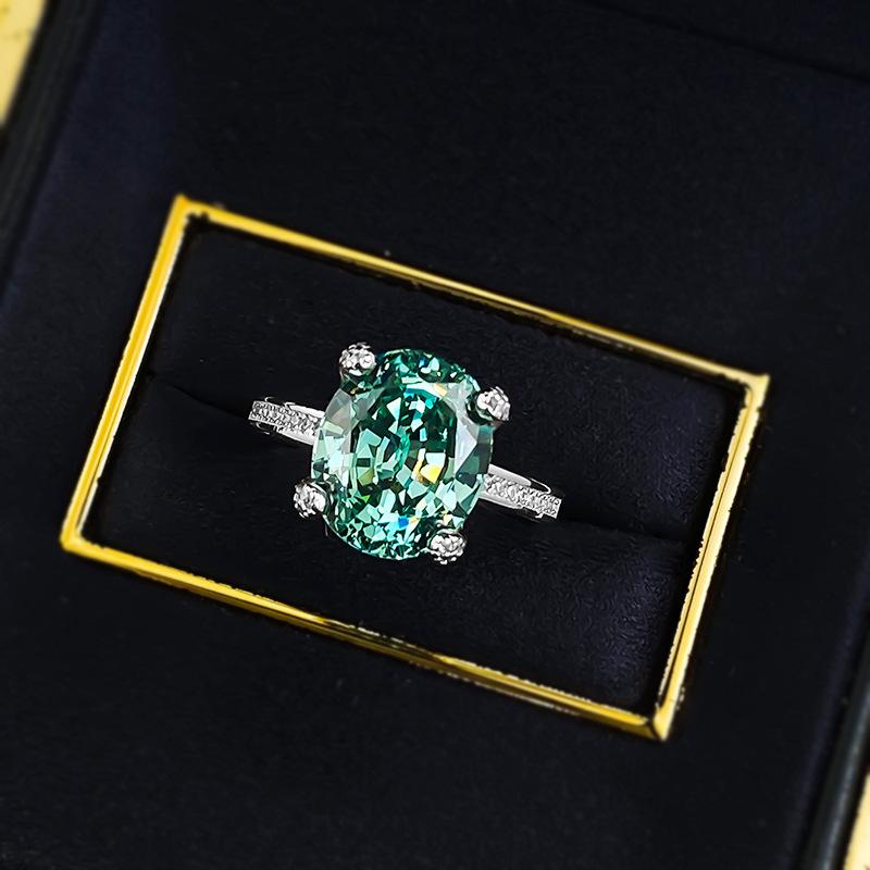 S925 Sterling Silver Green Oval Cut Four Claws Ring 10*12mm 8A Cubic Zirconia Ring-460(25%)