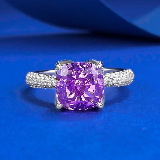 S925 Sterling Silver Purple Square Four-claws Ring 8*8mm 6A Cubic Zirconia Ring-419(25%)